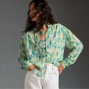 Pilcro Tavi Lightweight Button Front Blouse Green & Yellow size XL